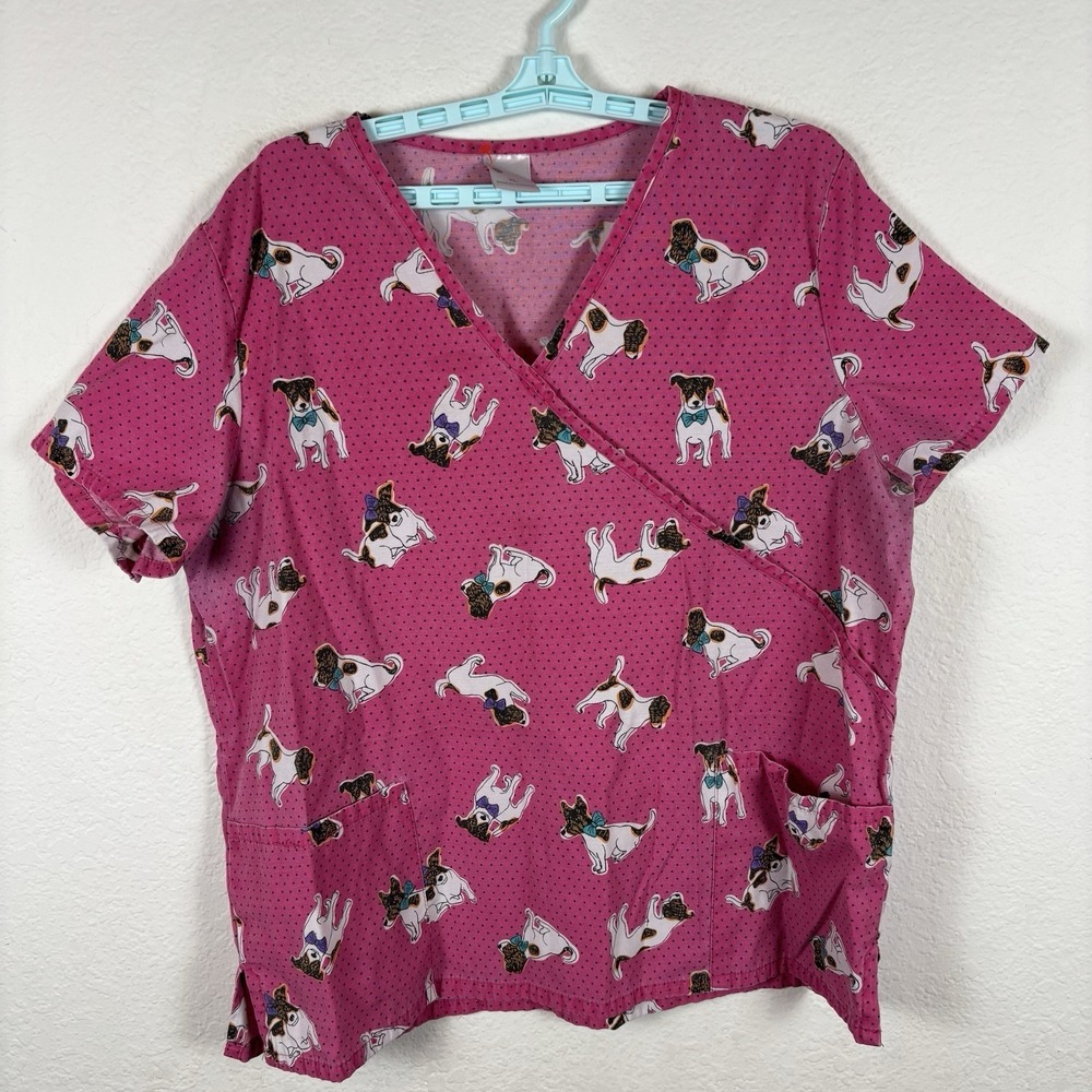 24/7 Comfort Scrub Top Women Sz XL Short Sleeve Discoloration Dogs Puppies Good
